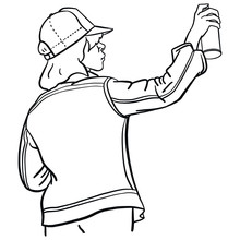 Rear View Of A Girl With Denim Jacket And Cap Over Her Eyes, Painting A Graffiti On The Wall With A Spray Can. Character, Hip Hop, Outline, Doodle.