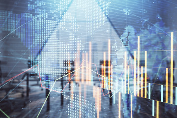 Double exposure of stock market graph with globe hologram on conference room background. Concept of international finance