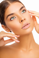 portrait of young woman with perfect skin. Close up model with sugar lips, lip scrub and hygiene       