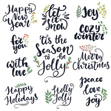 Set Of Hand Written Lettering Typography Phrases About Merry Christmas And Happy New Year. 'Tis The Season To Be Jolly, Holly Jolly, Peace, Love, Joy Words For Cards, Posters, Banners