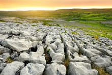 Spectacular Landscape Of The Burren Region Of County Clare, Ireland. Exposed Karst Limestone Bedrock At The Burren National Park.