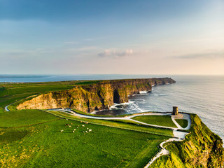 world famous cliffs of moher, one of the most popular tourist destinations in ireland. aerial view o