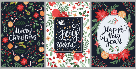 Set of hand drawn Merry Christmas greeting cards with hand lettering typography words and floral branches and flowers. Modern scandinavian style in traditional colors