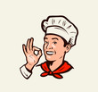 © ~ Bitter ~ - Smiling chef gesture of delicious. Menu, restaurant, food emblem. Vector illustration