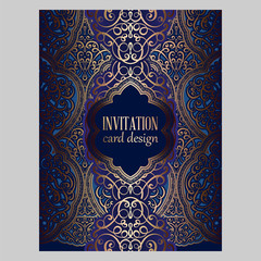 Wall Mural - Wedding invitation card with gold and blue shiny eastern and baroque rich foliage. Ornate brocade background for your design. Intricate design template