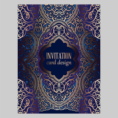 Wall Mural - Wedding invitation card with gold and blue shiny eastern and baroque rich foliage. Ornate brocade background for your design. Intricate design template