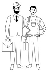 Canvas Print - Professionals workers couple smiling cartoons in black and white