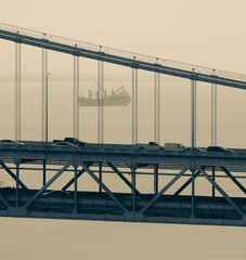 Wall Mural - View of San Francisco Bay Bridge and Boat at Sunset