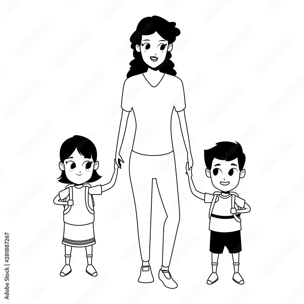 Family single parent with childrens cartoon in black and white Stock Vector  | Adobe Stock, image size:1000x1000