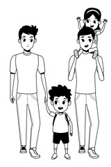 Sticker - Family young parents with children cartoon in black and white