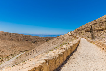 View from the way to the top of Machaerus near the Dead Sea in Jordan. It is the location of the imprisonment and execution of John the Baptist. 