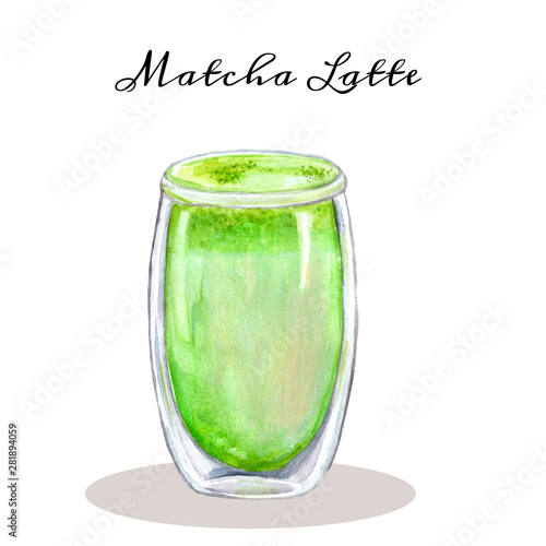 Matcha Latte Tea Hand Drawn Watercolor Matcha Latte Tea In