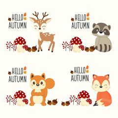 Wall Mural - Vector autumn background with cute little animals.