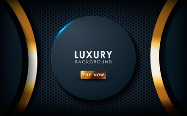 Dark abstract background with black overlap layers. Hexagon texture with golden effect element decoration. Luxury design concept.