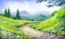 Watercolor Landscape. Mountain Path Among Fir Trees