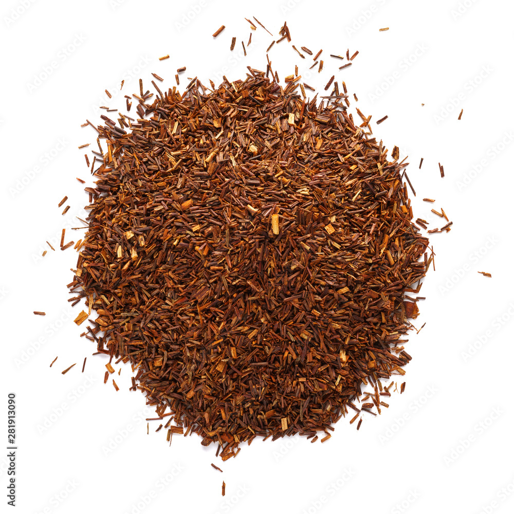 Heap of rooibos tea leaves isolated on white background. - obrazy, fototapety, plakaty 