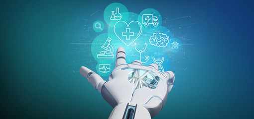 Wall Mural - cyborg hand holding a medical icon and connection 3d rendering