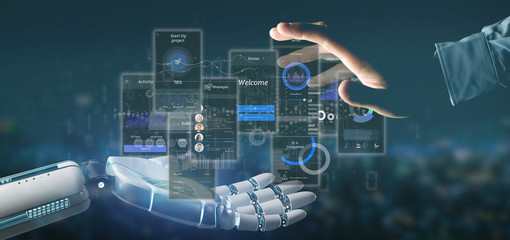 Wall Mural - cyborg hand holding user interface screens with icon, stats and data 3d rendering