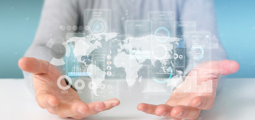 Wall Mural - businessman holding user interface screens with icon, stats and data 3d rendering