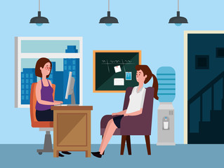 Wall Mural - businesswomen teamwork with computer technology and noteboard