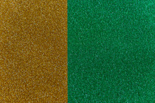 Golden And Green Sparkling Background From Small Sequins, Closeup. Brilliant Shiny Backdrop From Textile. Shimmer Paper