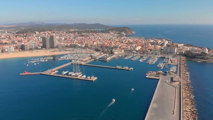 Wall Mural - Aerial drone footage, harbor of small town, Palamos of Spain, in Costa Brava