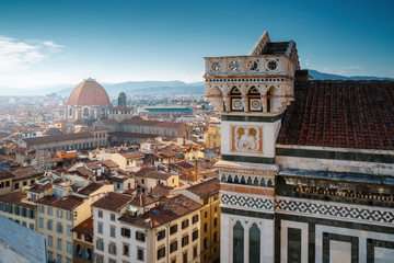 Florence city skyline, Italy. Aerial cityscape view from Santa Maria del Fiore cathedral (Basilica of Saint Mary of the Flower) in the day