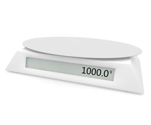 Electronic Scales Show 1000 Grams, On A White Isolated Background. There Is A Free Space For Your Design