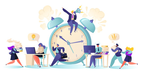 Office workers and business people working overtime at Deadline. Flat сartoon  characters work in high stress conditions and under hard boss pressure. Time management on the road to success. 