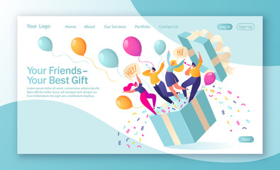 Concept of landing page on birthday celebrations theme. Joyful, flat characters people jump out of the gift box with confetti and balloons. Friends made a surprise. Your best gift is your friends. 