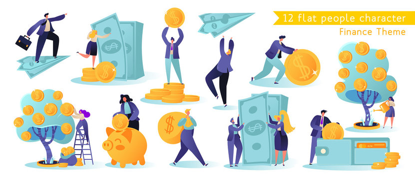 flat, сartoon, vector illustration collection. different successful people characters making money. 