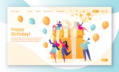 Concept of landing page with birthday celebrations theme. Birthday party celebration with friends. People blow their whistles, dance and celebrate the holiday around a big, beautiful, bright gift.