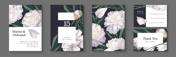 Botanical wedding invitation card. Template design with white peonies  flowers and leaves. Modern, realistic style, hand drawn illustration. Collection of Save the Date and RSVP in vector EPS format.