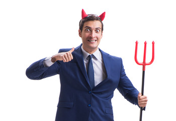 Evil devil businessman with pitchfork isolated on white backgrou