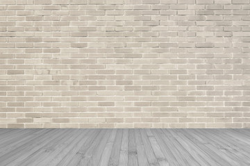 Wall Mural - Sepia brown brick wall texture background with wooden floor in grey