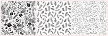Doodle Floral Vector Pattern Set. Seamless Backgrounds With Hand Drawn Flowers, Leaves, Branches And Dots. Graphic Monochrome Black And White Design.
