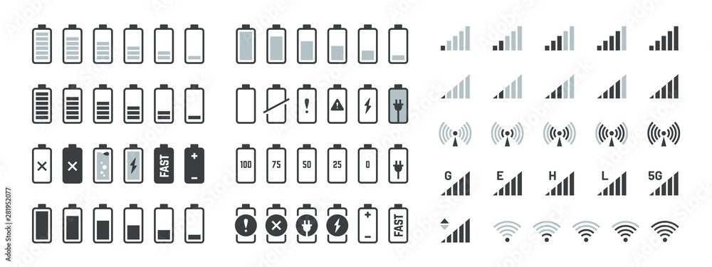 Battery icons. Black charge level gsm and wifi signal strength, smartphone UI elements set. Vector full low and empty charge status, smart sign progression load - obrazy, fototapety, plakaty 
