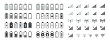 Battery Icons. Black Charge Level Gsm And Wifi Signal Strength, Smartphone UI Elements Set. Vector Full Low And Empty Charge Status, Smart Sign Progression Load