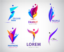 Vector Set Of Men, People Group, Family Logos. Child Adoption Logo Collection And Charitable Foundations