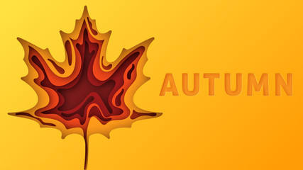 Wall Mural - Autumn text greeting in banner design on an orange background. Label maple tree silhouette. Paper cut and craft. Vector illustration
