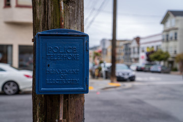 Blue police telephone box supplied by department of electricity outdoors