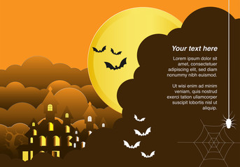 Canvas Print - Paper art of big full moon, castle, bats in night time and text frame. Happy Halloween celebration concept, Flat and digital craft style vector illustration.