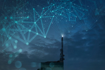 Fototapete - Wireless network and Connection technology concept with Abstract building.