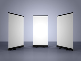 Wall Mural - 3D rendering of blank vertical rollup (empty billboard advertisement) on gray background. Empty mockup template