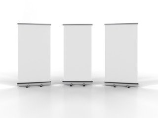 Wall Mural - 3D rendering of blank vertical rollup (empty billboard advertisement) isolated on white background. Empty mockup template