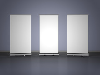 Wall Mural - 3D rendering of blank vertical rollup (empty billboard advertisement) on gray background. Empty mockup template