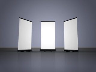 Wall Mural - 3D rendering of blank vertical rollup (empty billboard advertisement) on gray background. Empty mockup template