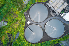 Sewage Water Works Treatment Plant Aerial View From Above Showing Waste Quality Control Tanks