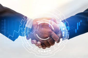 Wall Mural - Partnership - business man handshake with effect digital network link connection and graph chart of stock market graphic diagram, digital global technology, internet communication and teamwork concept