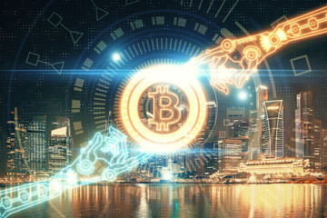 Wall Mural - Multi exposure of cryptocurrency theme hologram drawing and city veiw background. Concept of blockchain and bitcoin.